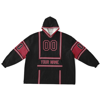 Black, red, and silver lineup snug hoodie with clean line work and subtle jersey influence.