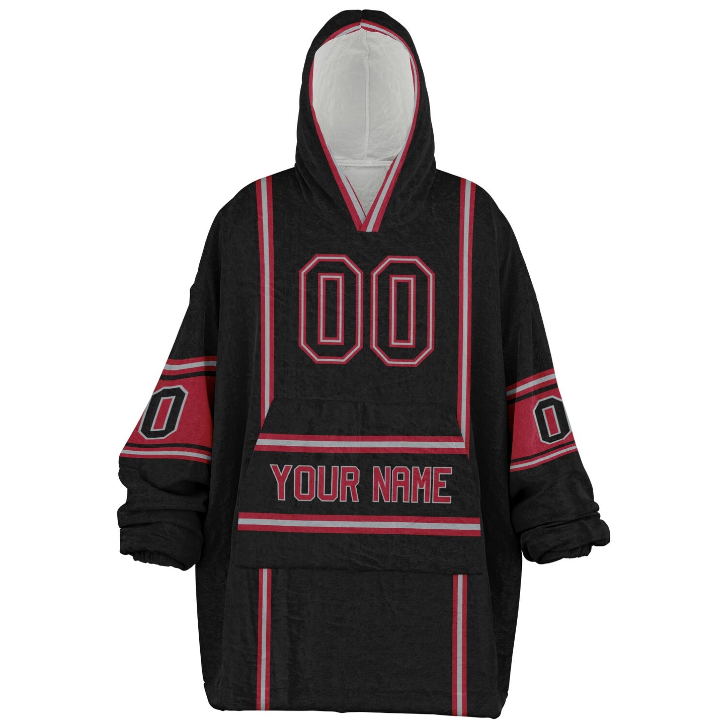 Black, red, and silver lineup snug hoodie with clean line work and subtle jersey influence.