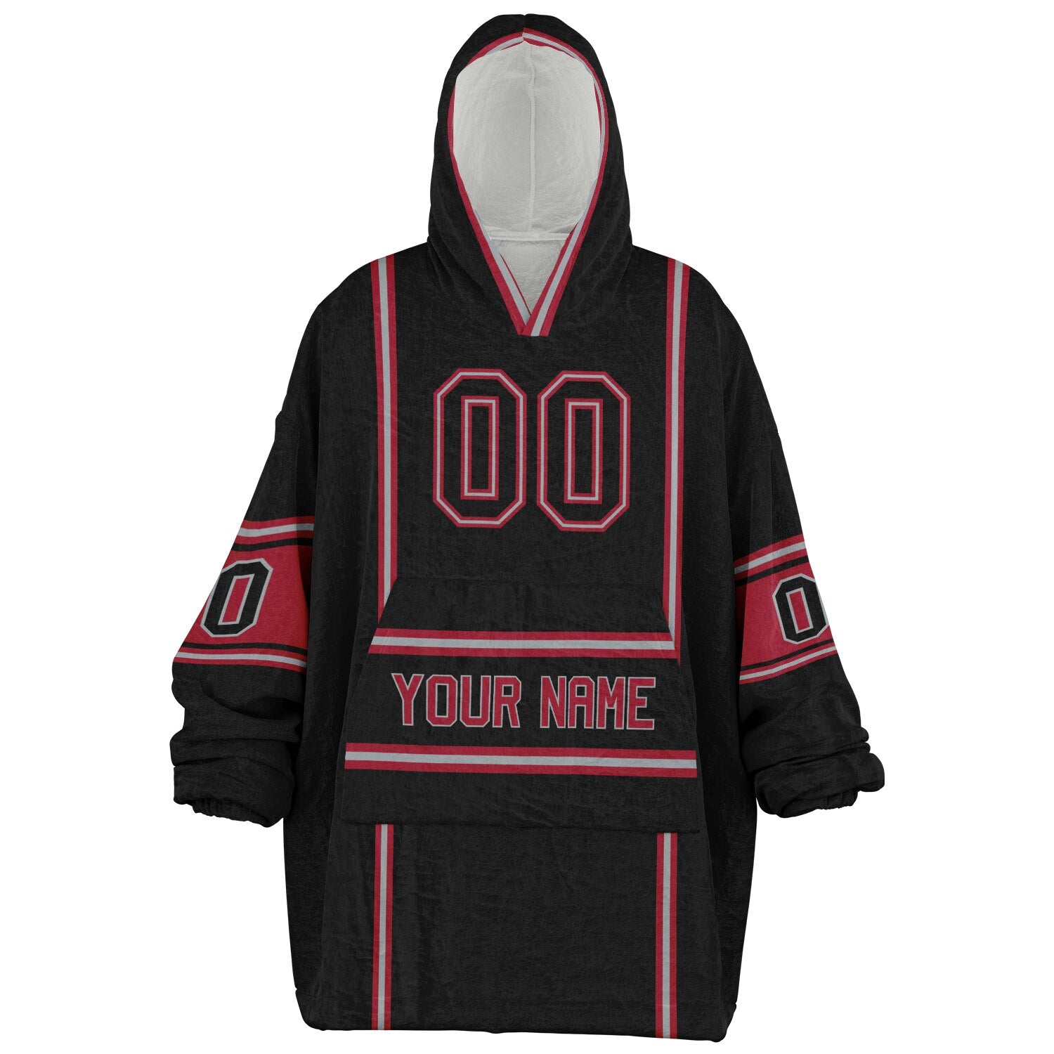 Black, red, and silver lineup snug hoodie with clean line work and subtle jersey influence.