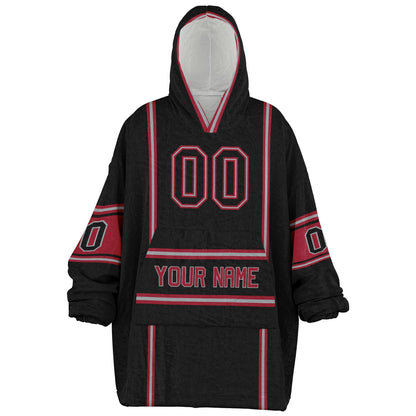 Black, red, and silver lineup snug hoodie with clean line work and subtle jersey influence.