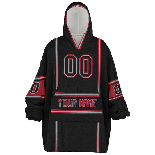 Black, red, and silver lineup snug hoodie with clean line work and subtle jersey influence.