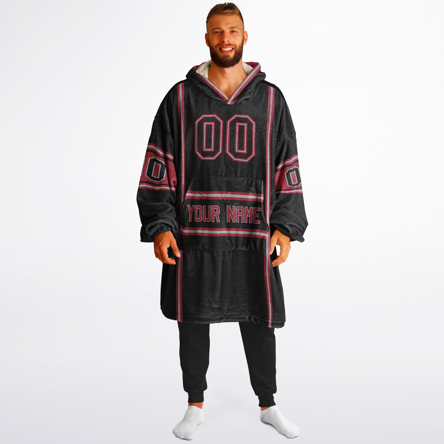 Black, red, and silver lineup snug hoodie with clean line work and subtle jersey influence.