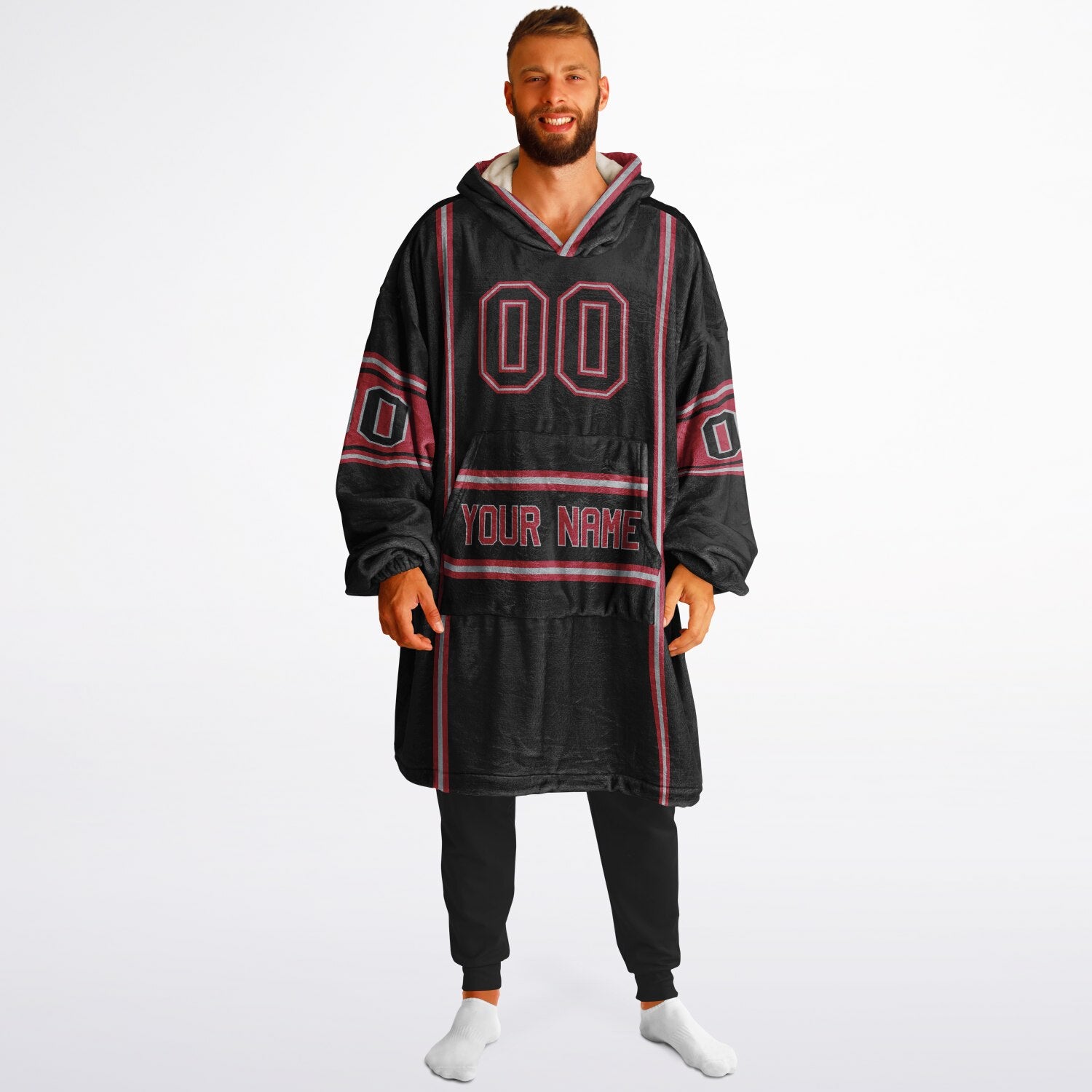 Black, red, and silver lineup snug hoodie with clean line work and subtle jersey influence.