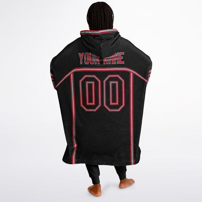 Black, red, and silver lineup snug hoodie with clean line work and subtle jersey influence.