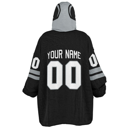 Black and silver classic snug hoodie featuring jersey-style stripes and personalized name and number.