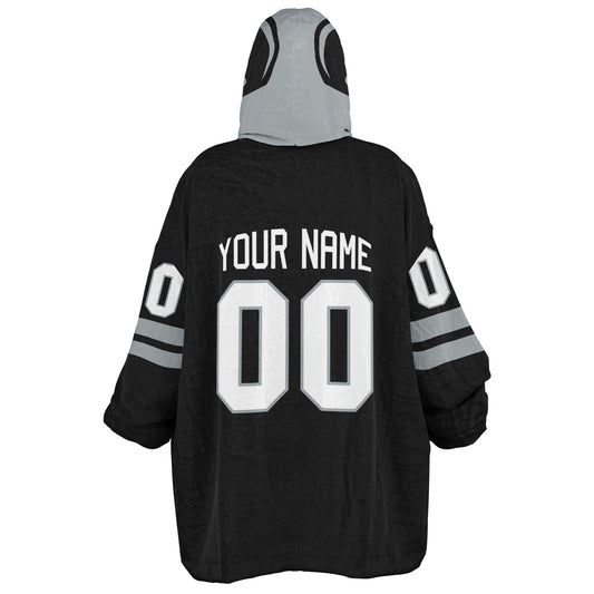 Black and silver classic snug hoodie featuring jersey-style stripes and personalized name and number.