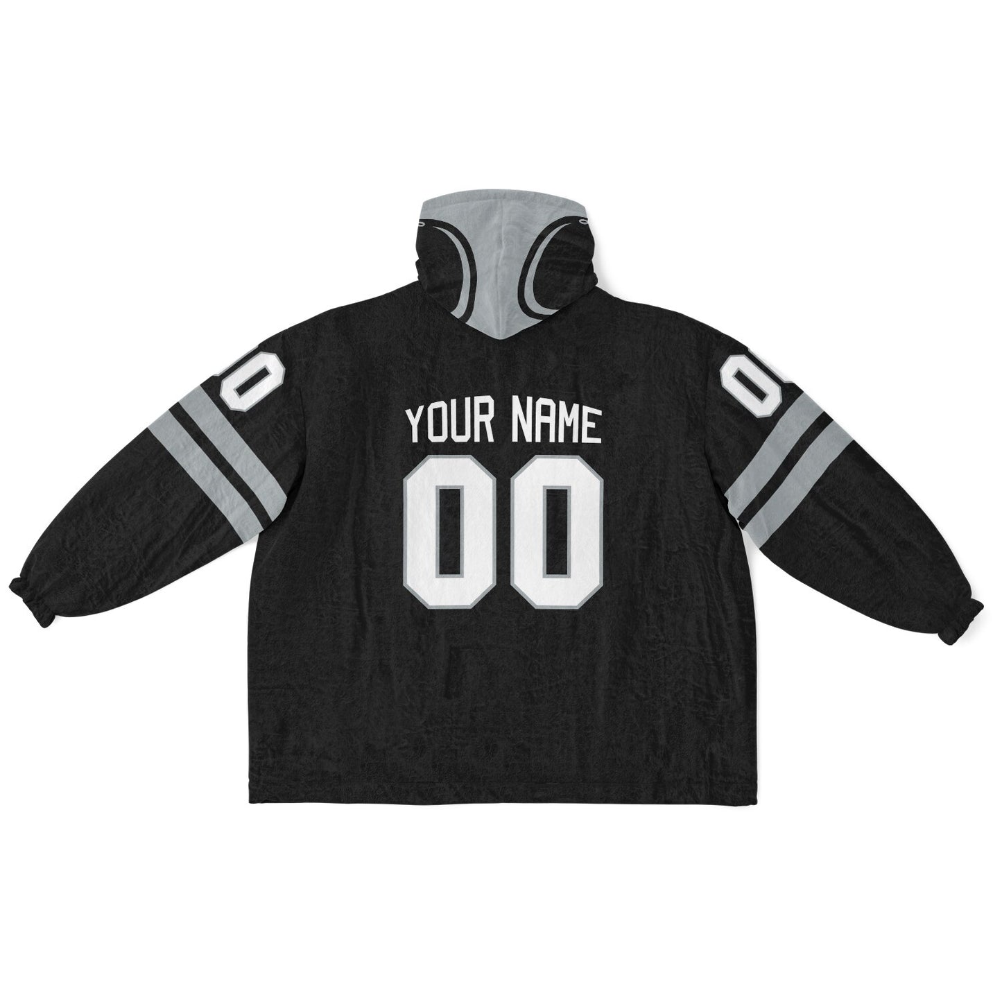 Black and silver classic snug hoodie featuring jersey-style stripes and personalized name and number.