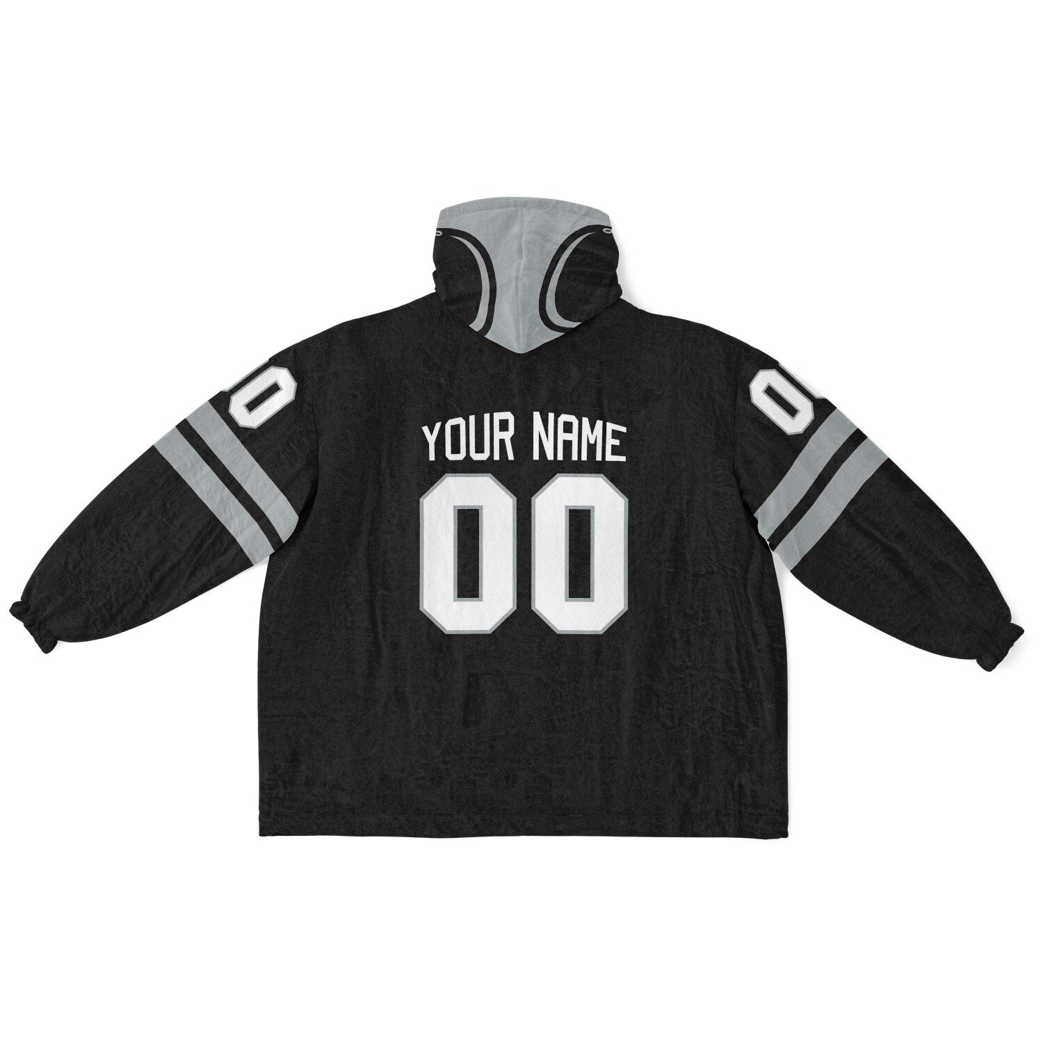 Black and silver classic snug hoodie featuring jersey-style stripes and personalized name and number.