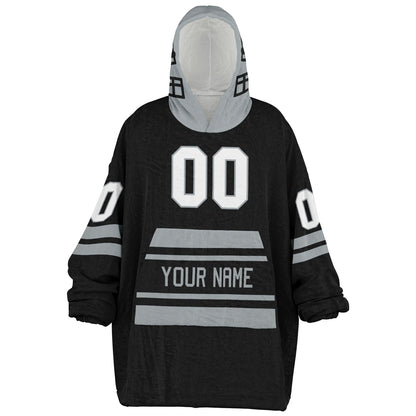 Black and silver classic snug hoodie featuring jersey-style stripes and personalized name and number.