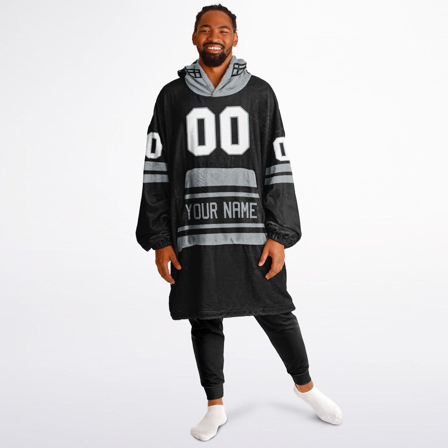Black and silver classic snug hoodie featuring jersey-style stripes and personalized name and number.
