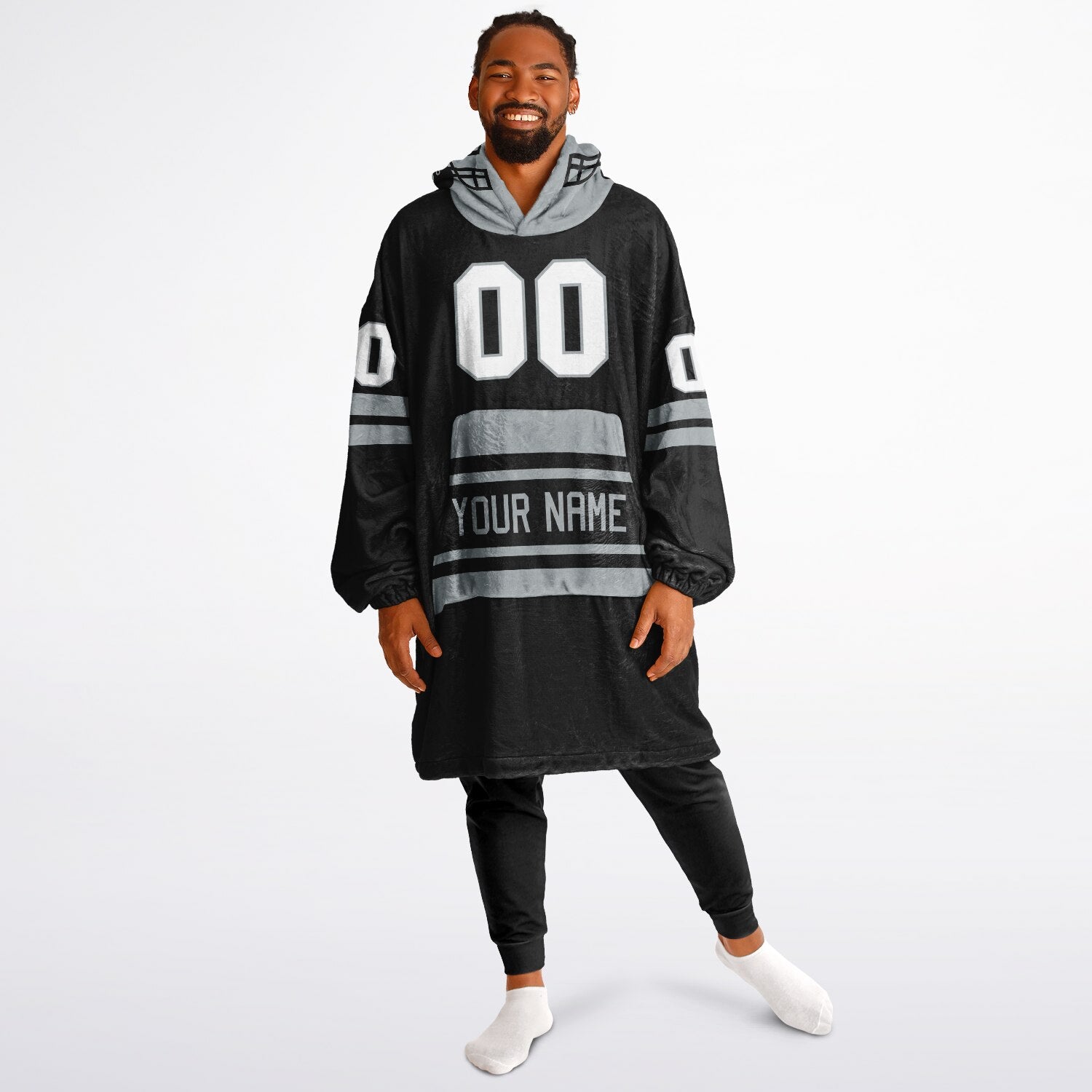 Black and silver classic snug hoodie featuring jersey-style stripes and personalized name and number.