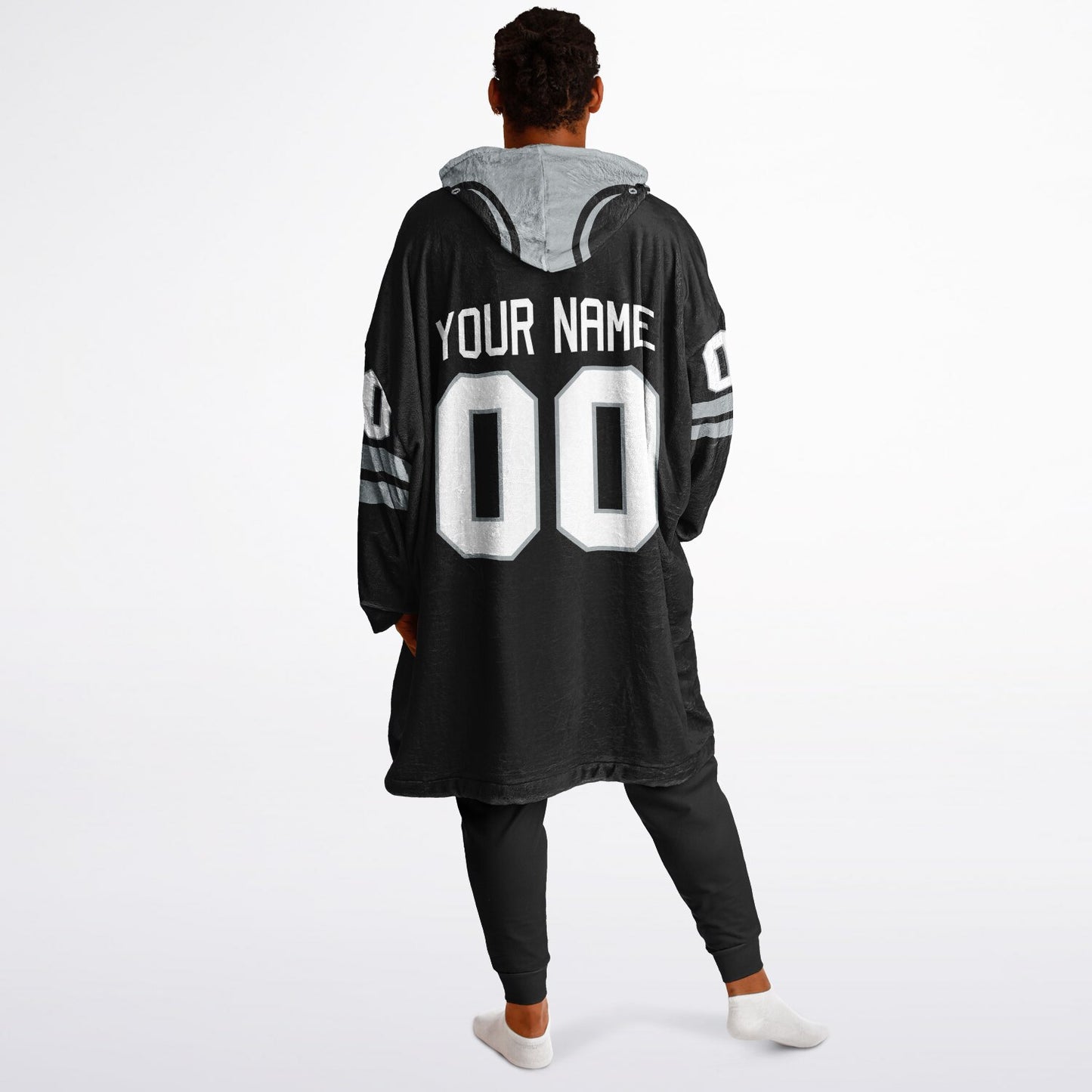 Black and silver classic snug hoodie featuring jersey-style stripes and personalized name and number.