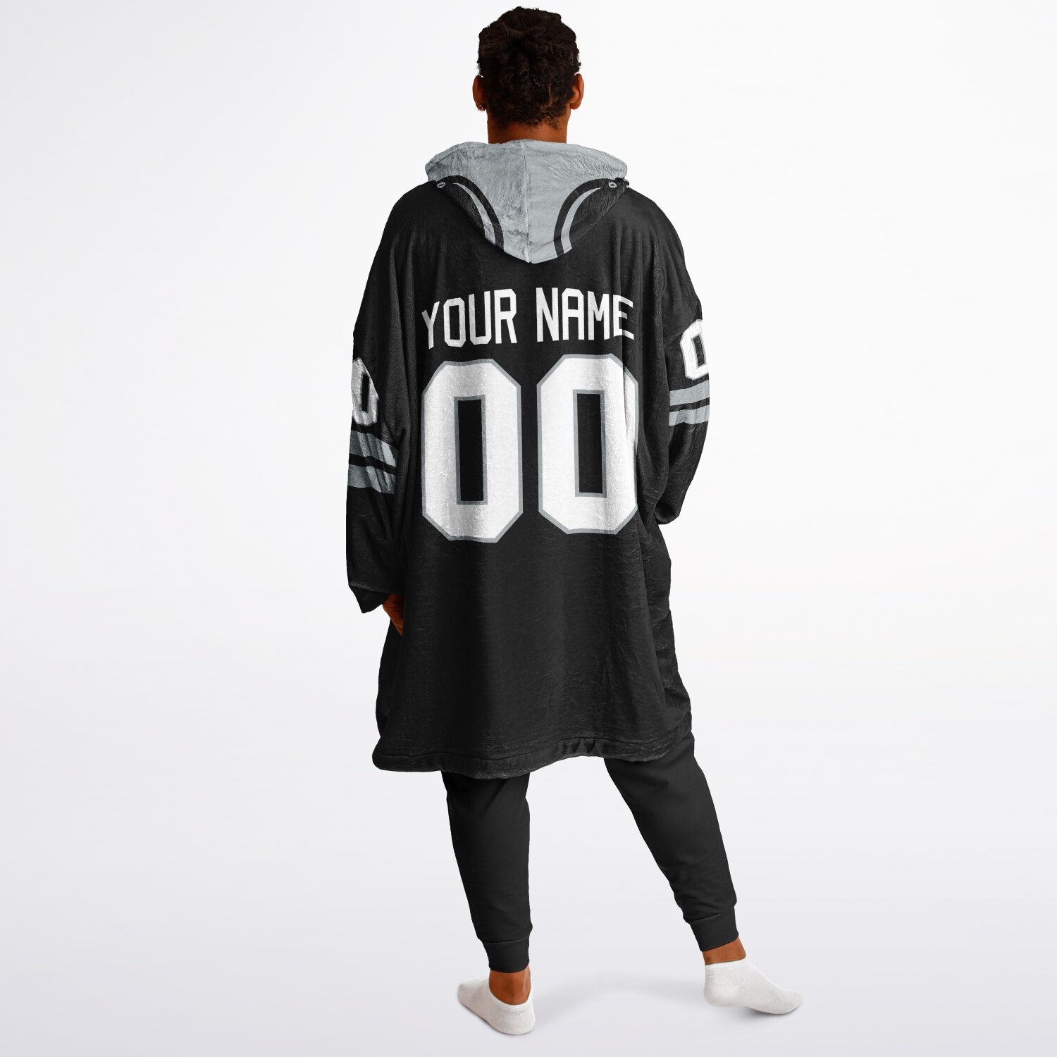 Black and silver classic snug hoodie featuring jersey-style stripes and personalized name and number.