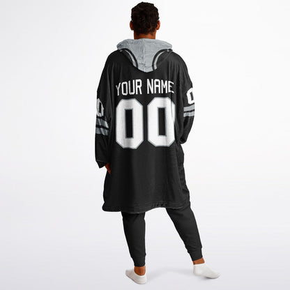 Black and silver classic snug hoodie featuring jersey-style stripes and personalized name and number.
