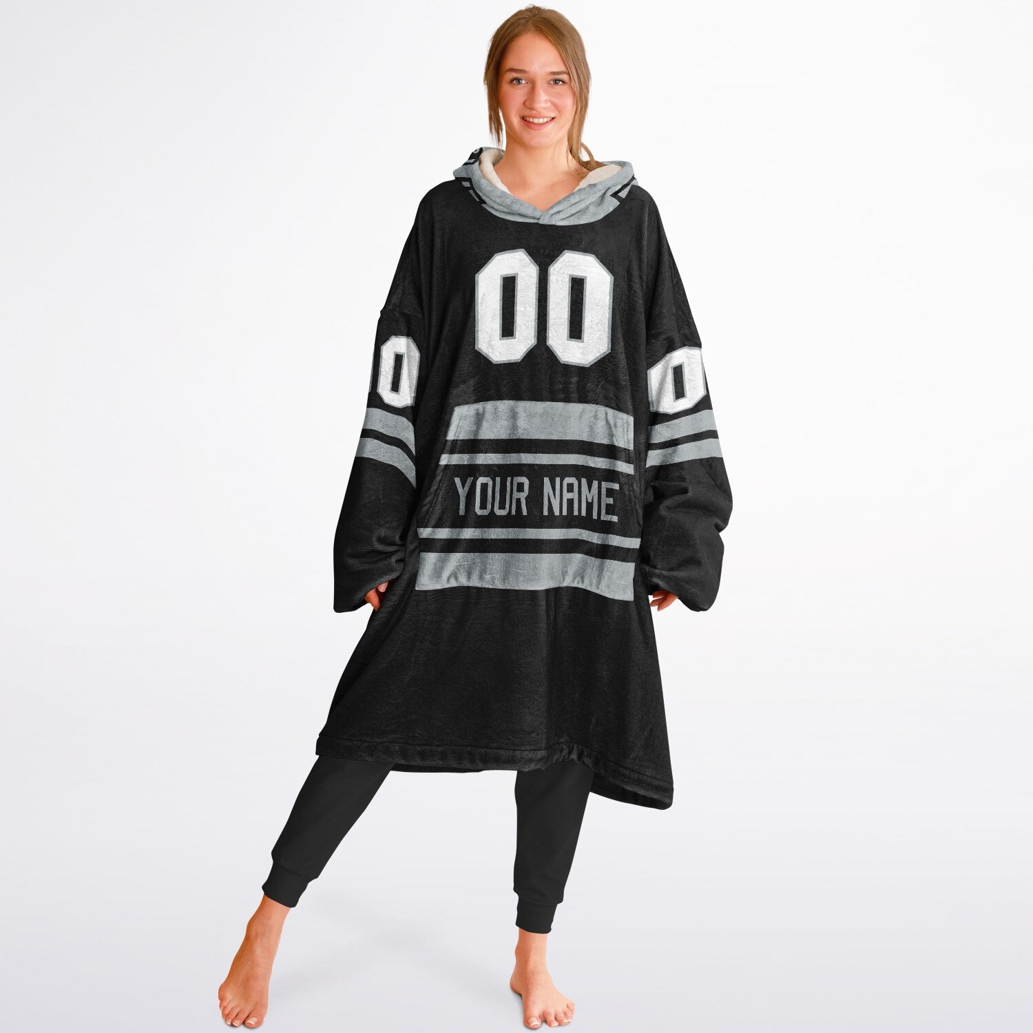 Black and silver classic snug hoodie featuring jersey-style stripes and personalized name and number.