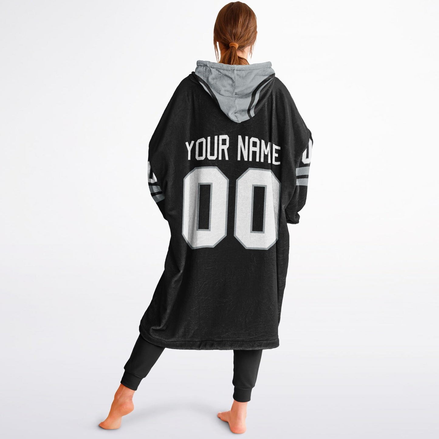 Black and silver classic snug hoodie featuring jersey-style stripes and personalized name and number.