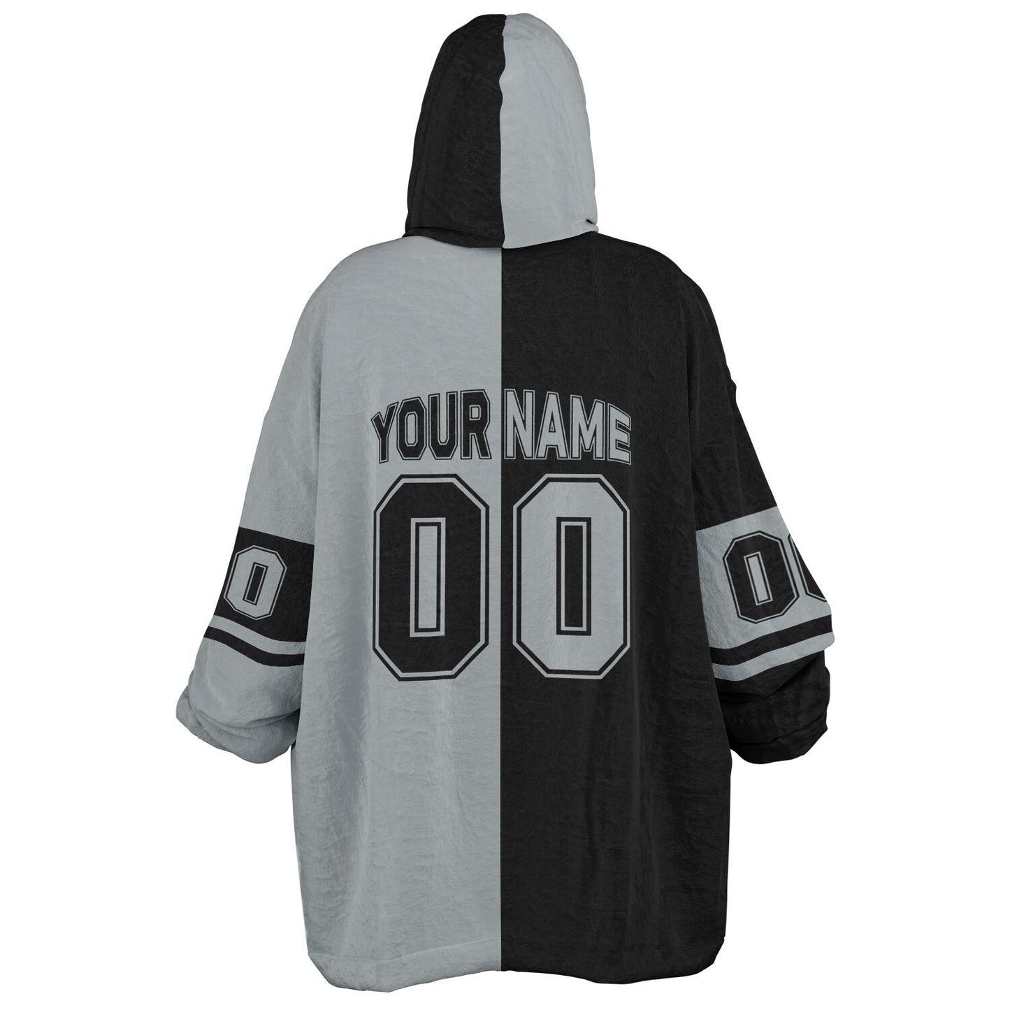 Black and silver halftime snug hoodie featuring a symmetrical split design for a dynamic game-day look.