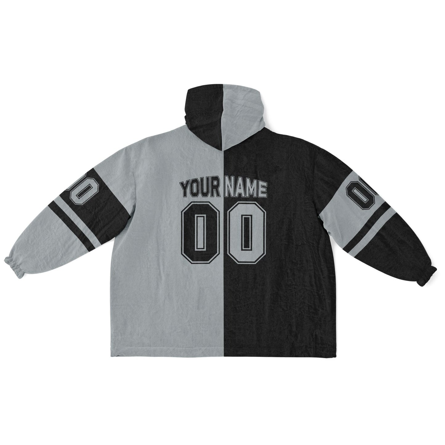 Black and silver halftime snug hoodie featuring a symmetrical split design for a dynamic game-day look.