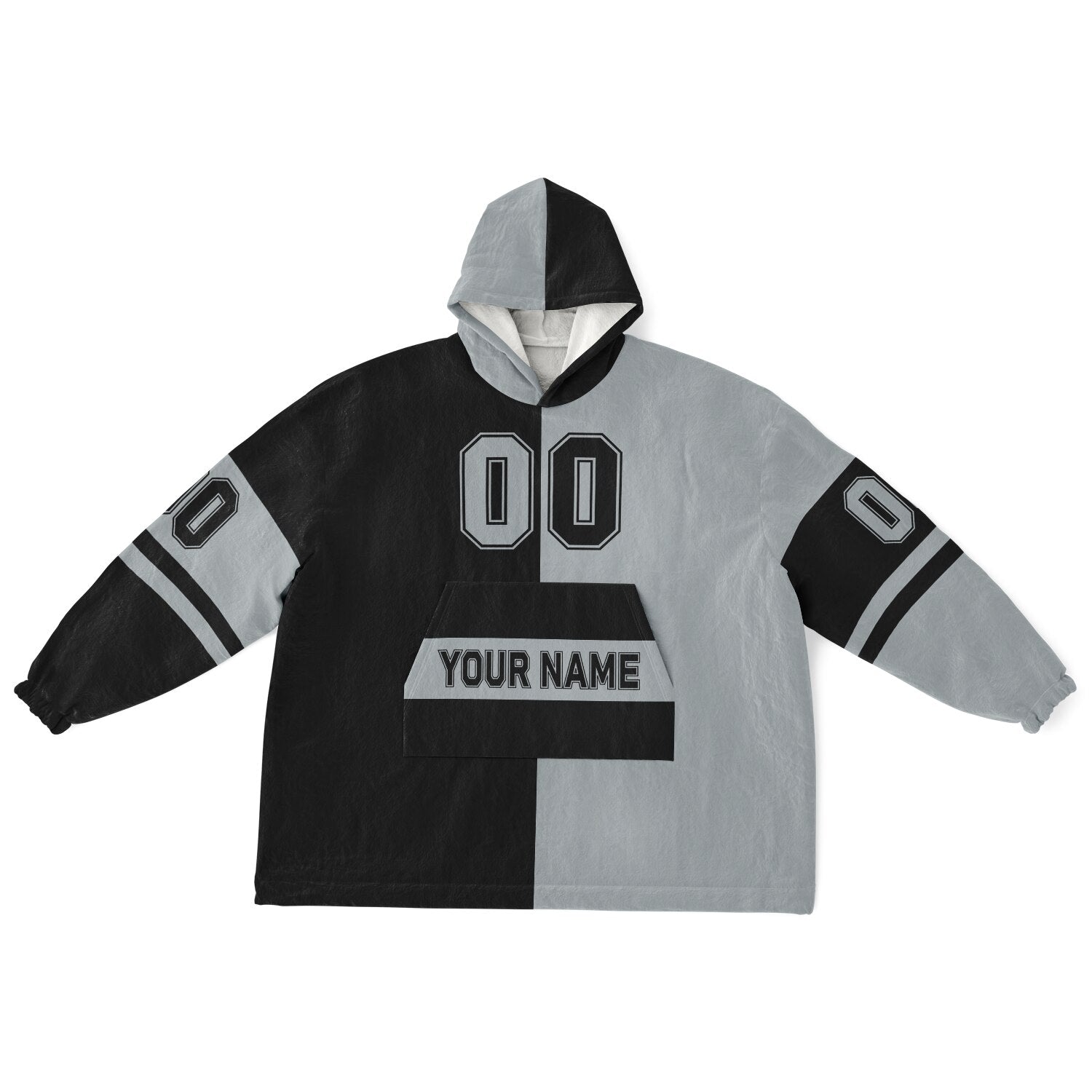 Black and silver halftime snug hoodie featuring a symmetrical split design for a dynamic game-day look.