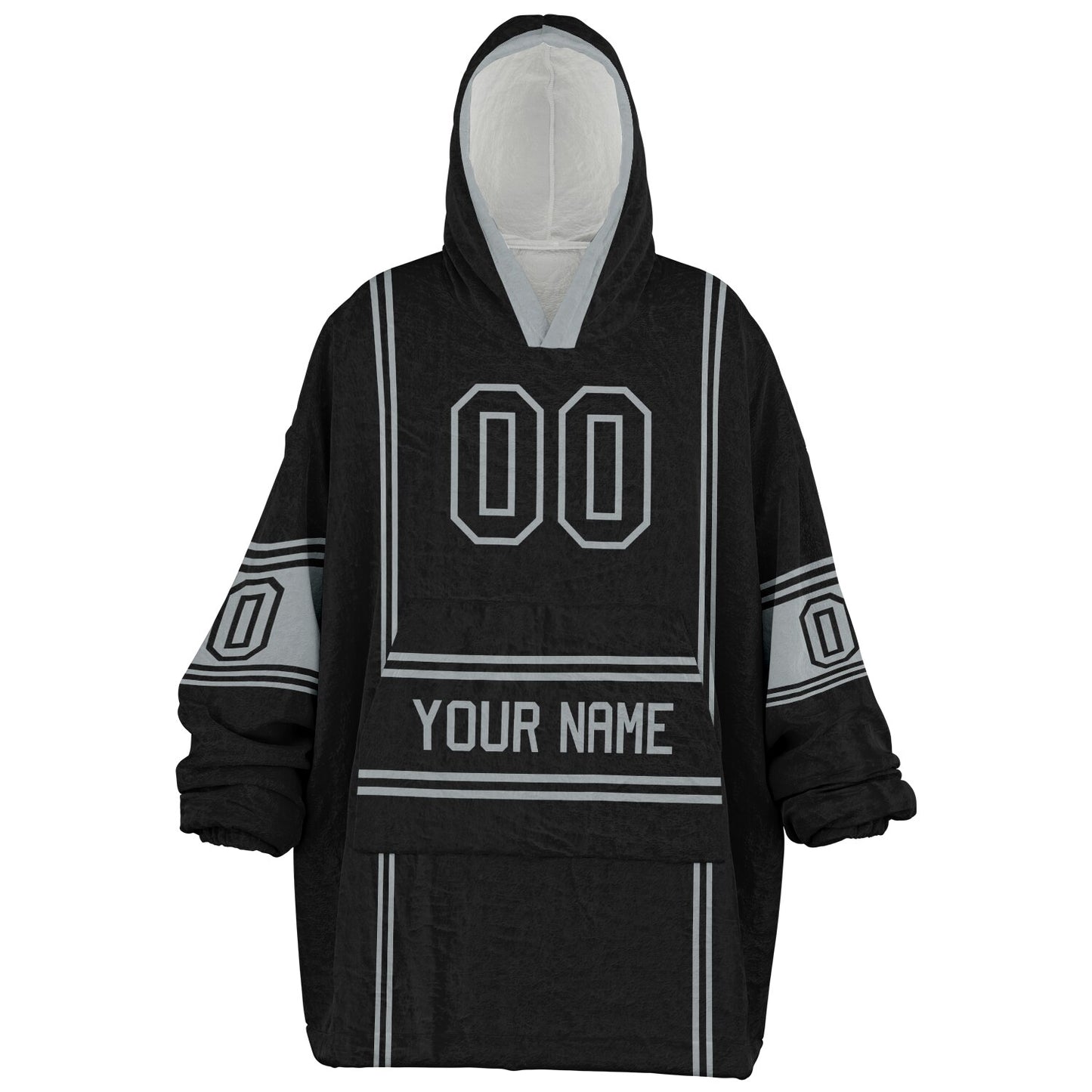 Black and silver lineup snug hoodie featuring sleek line-art details and minimalist team-inspired design.