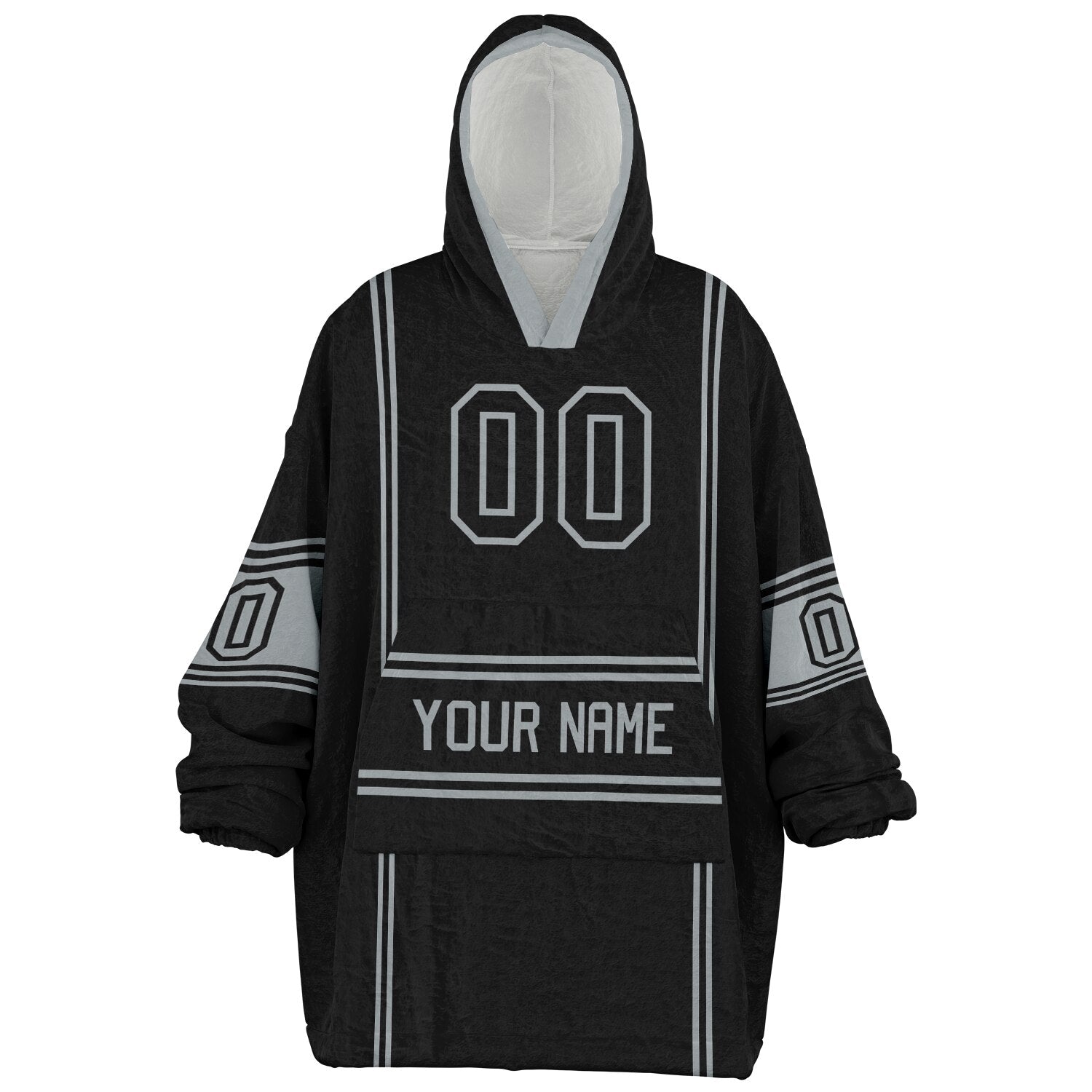 Black and silver lineup snug hoodie featuring sleek line-art details and minimalist team-inspired design.