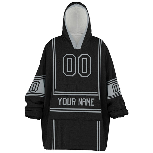 Black and silver lineup snug hoodie featuring sleek line-art details and minimalist team-inspired design.