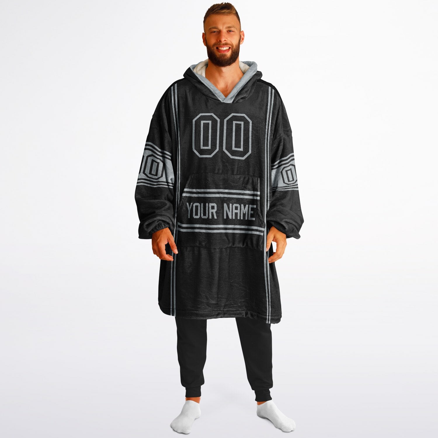 Black and silver lineup snug hoodie featuring sleek line-art details and minimalist team-inspired design.