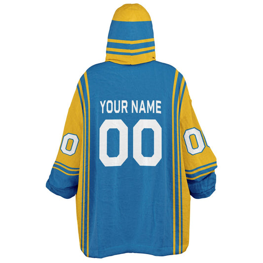 Blue and gold bold snug hoodie with modern color-block design and soft loungewear fit.
