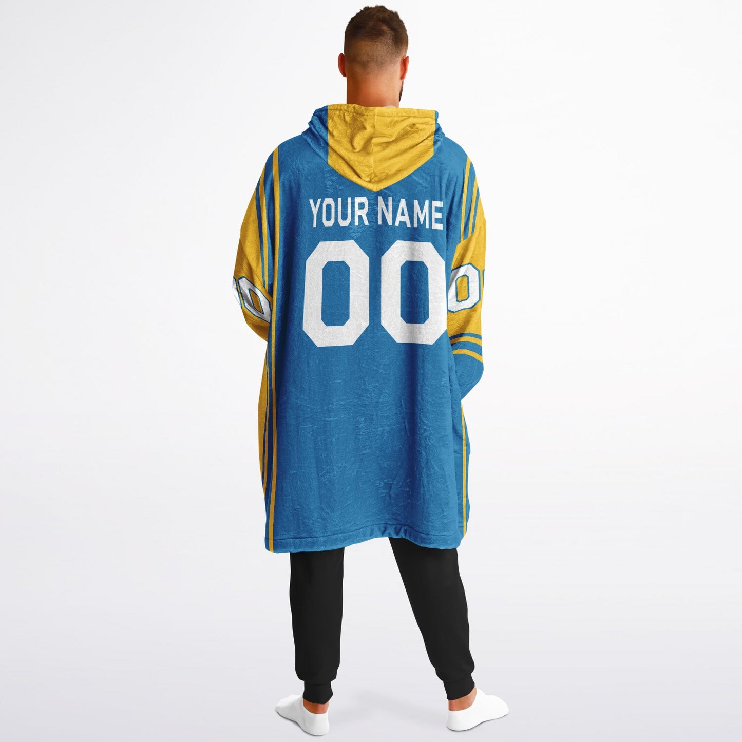 Blue and gold bold snug hoodie with modern color-block design and soft loungewear fit.