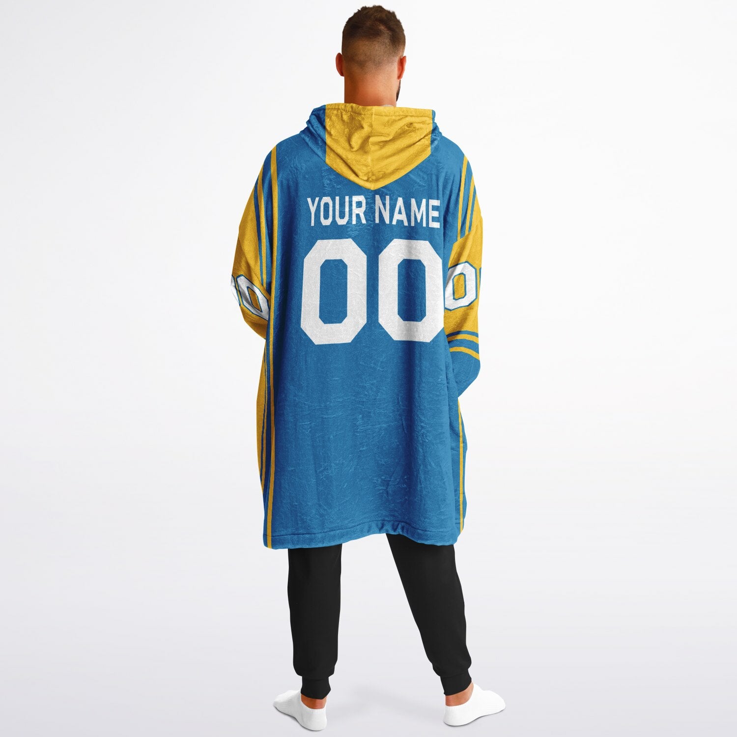 Blue and gold bold snug hoodie with modern color-block design and soft loungewear fit.
