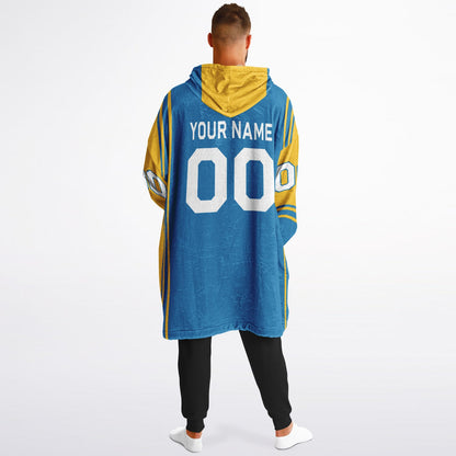 Blue and gold bold snug hoodie with modern color-block design and soft loungewear fit.