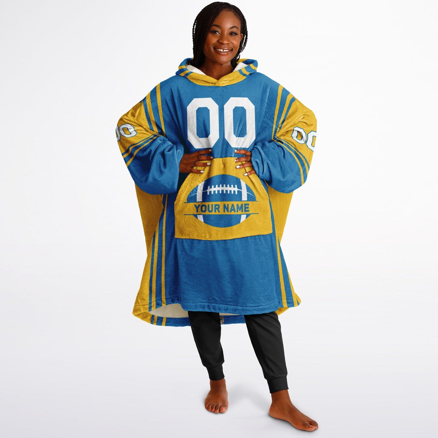 Blue and gold bold snug hoodie with modern color-block design and soft loungewear fit.