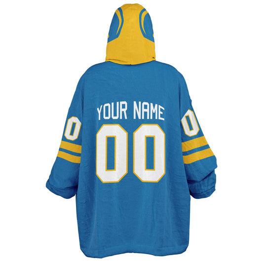 Blue and gold classic snug hoodie featuring jersey-style stripes and personalized name and number.