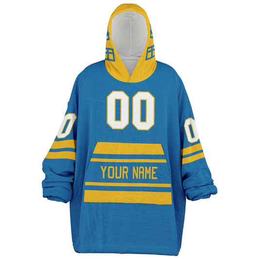Blue and gold classic snug hoodie featuring jersey-style stripes and personalized name and number.