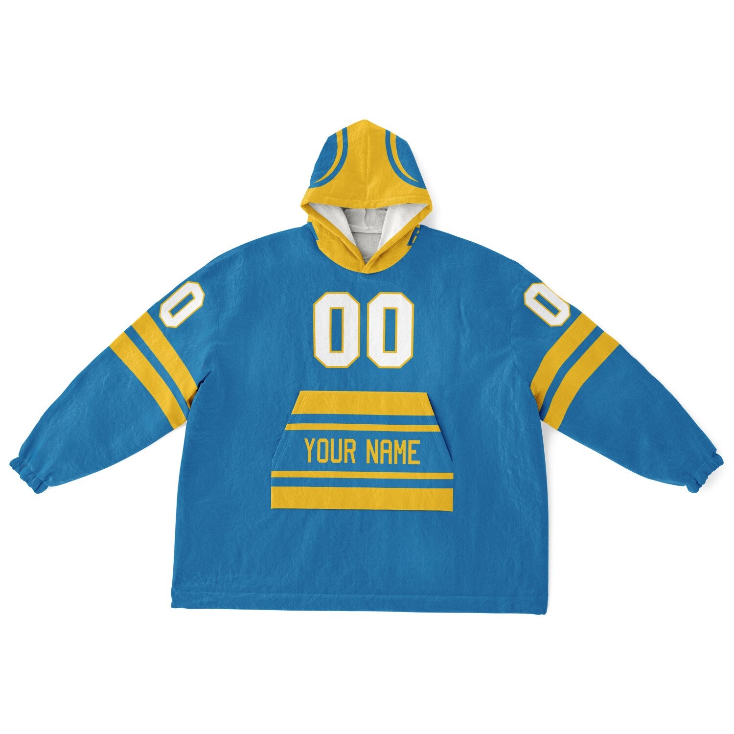 Blue and gold classic snug hoodie featuring jersey-style stripes and personalized name and number.
