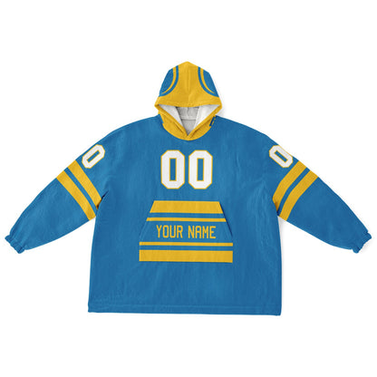 Blue and gold classic snug hoodie featuring jersey-style stripes and personalized name and number.