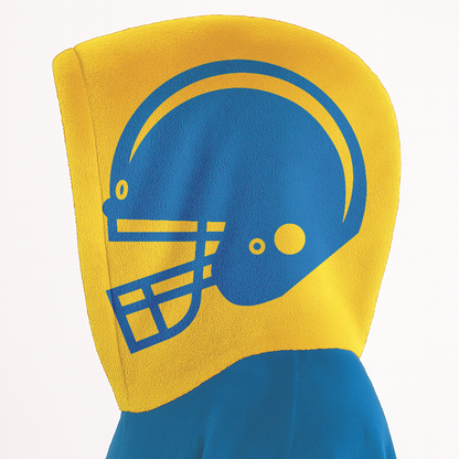 Blue and gold classic snug hoodie featuring jersey-style stripes and personalized name and number.