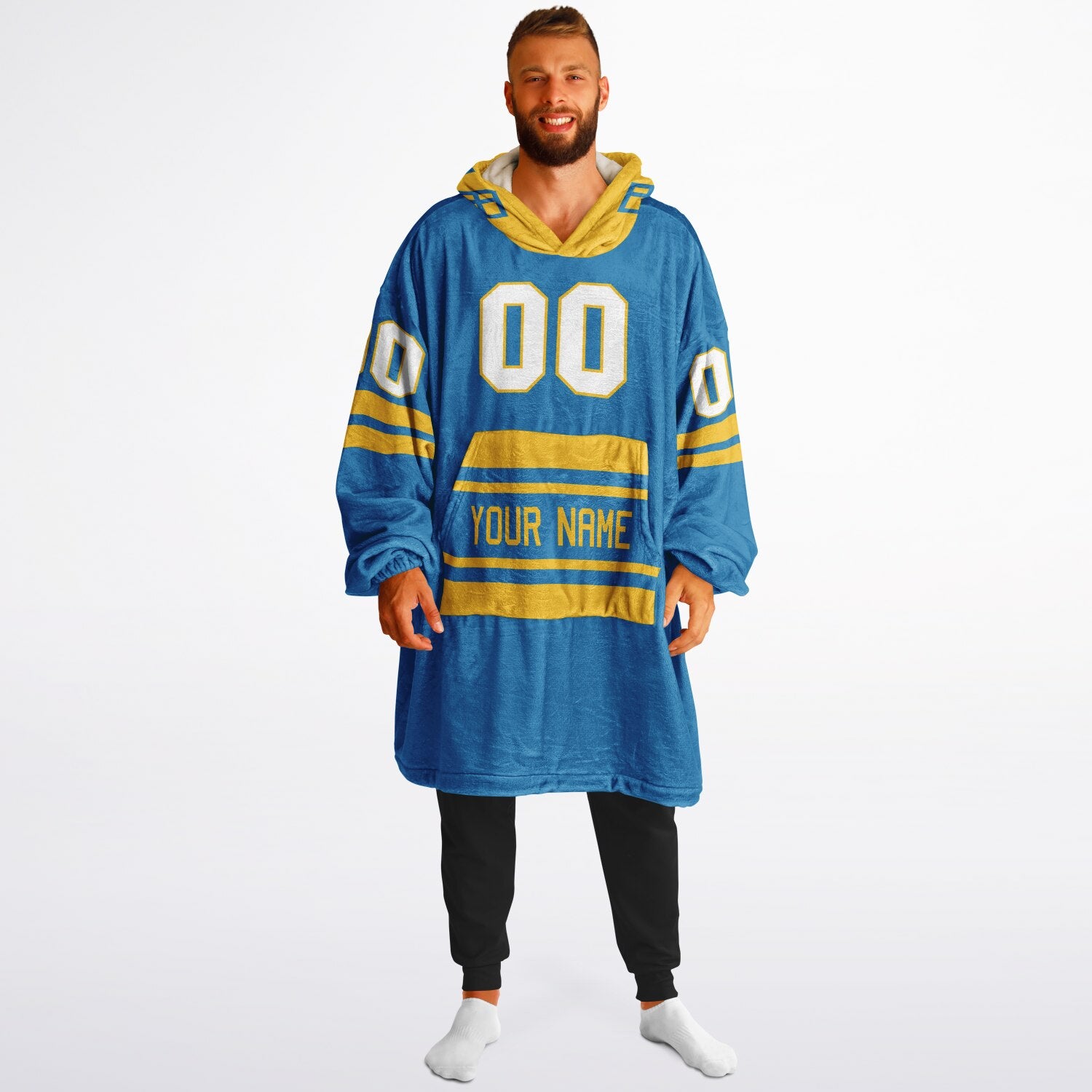 Blue and gold classic snug hoodie featuring jersey-style stripes and personalized name and number.