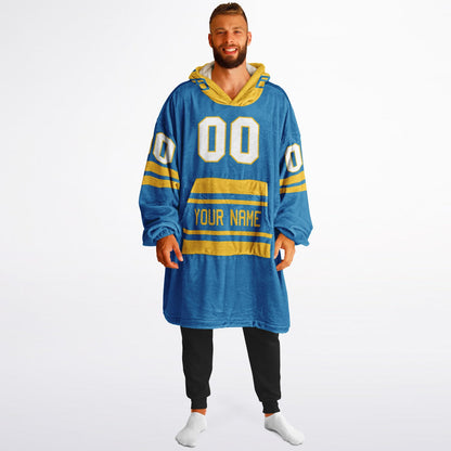 Blue and gold classic snug hoodie featuring jersey-style stripes and personalized name and number.