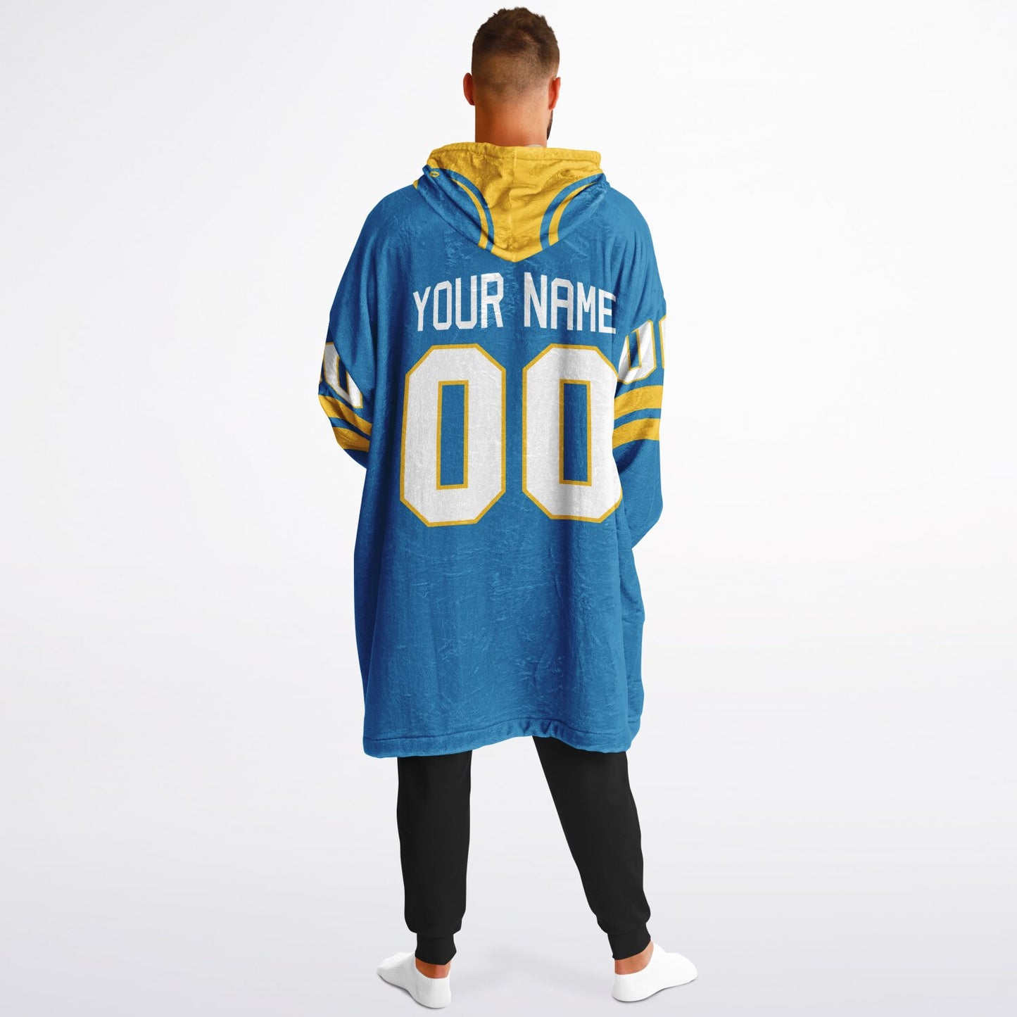Blue and gold classic snug hoodie featuring jersey-style stripes and personalized name and number.