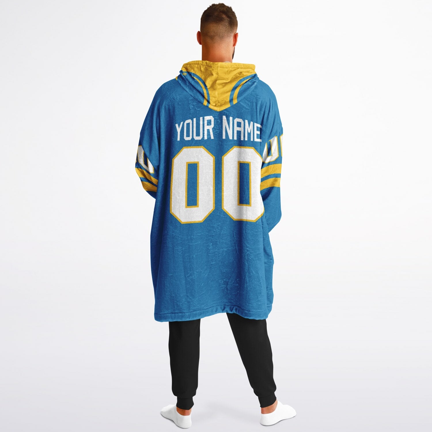 Blue and gold classic snug hoodie featuring jersey-style stripes and personalized name and number.
