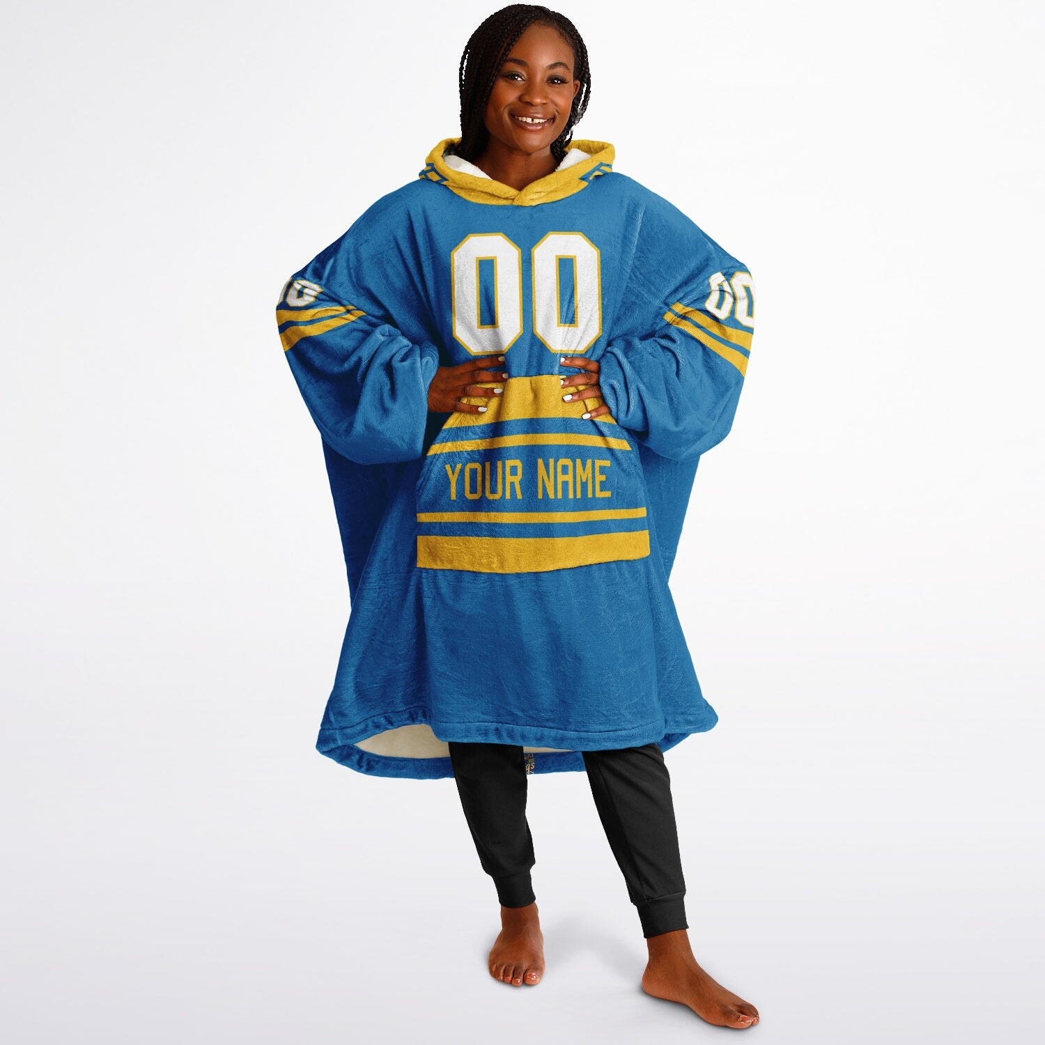 Blue and gold classic snug hoodie featuring jersey-style stripes and personalized name and number.