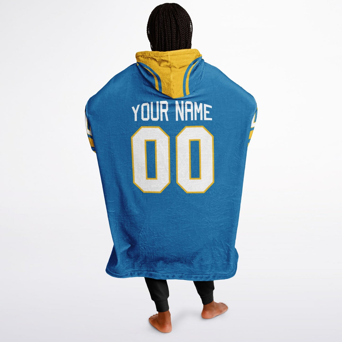 Blue and gold classic snug hoodie featuring jersey-style stripes and personalized name and number.