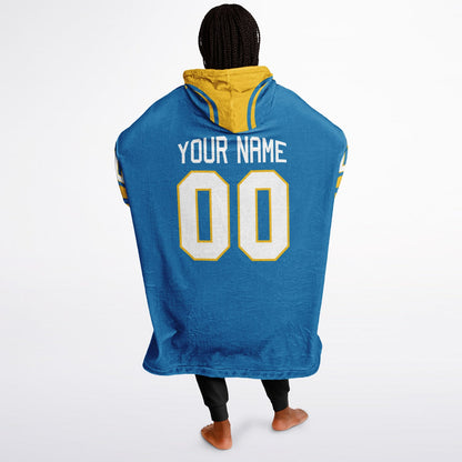 Blue and gold classic snug hoodie featuring jersey-style stripes and personalized name and number.