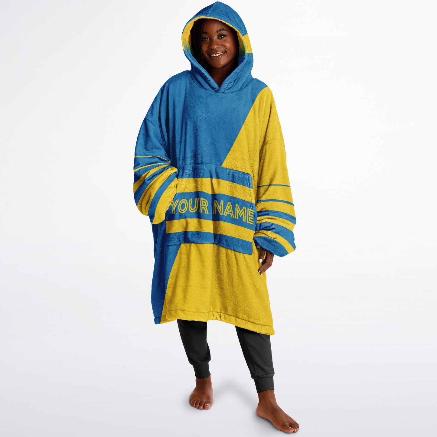 Blue and gold reversible snug hoodie with soft interior lining and casual everyday style for football fans.