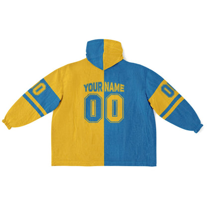 Blue and gold halftime snug hoodie featuring a symmetrical split design for a dynamic game-day look.