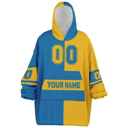 Blue and gold halftime snug hoodie featuring a symmetrical split design for a dynamic game-day look.
