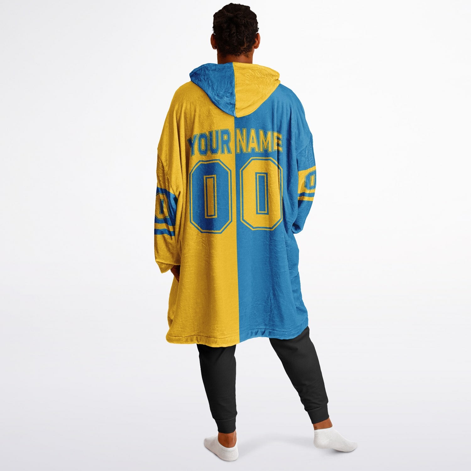 Blue and gold halftime snug hoodie featuring a symmetrical split design for a dynamic game-day look.