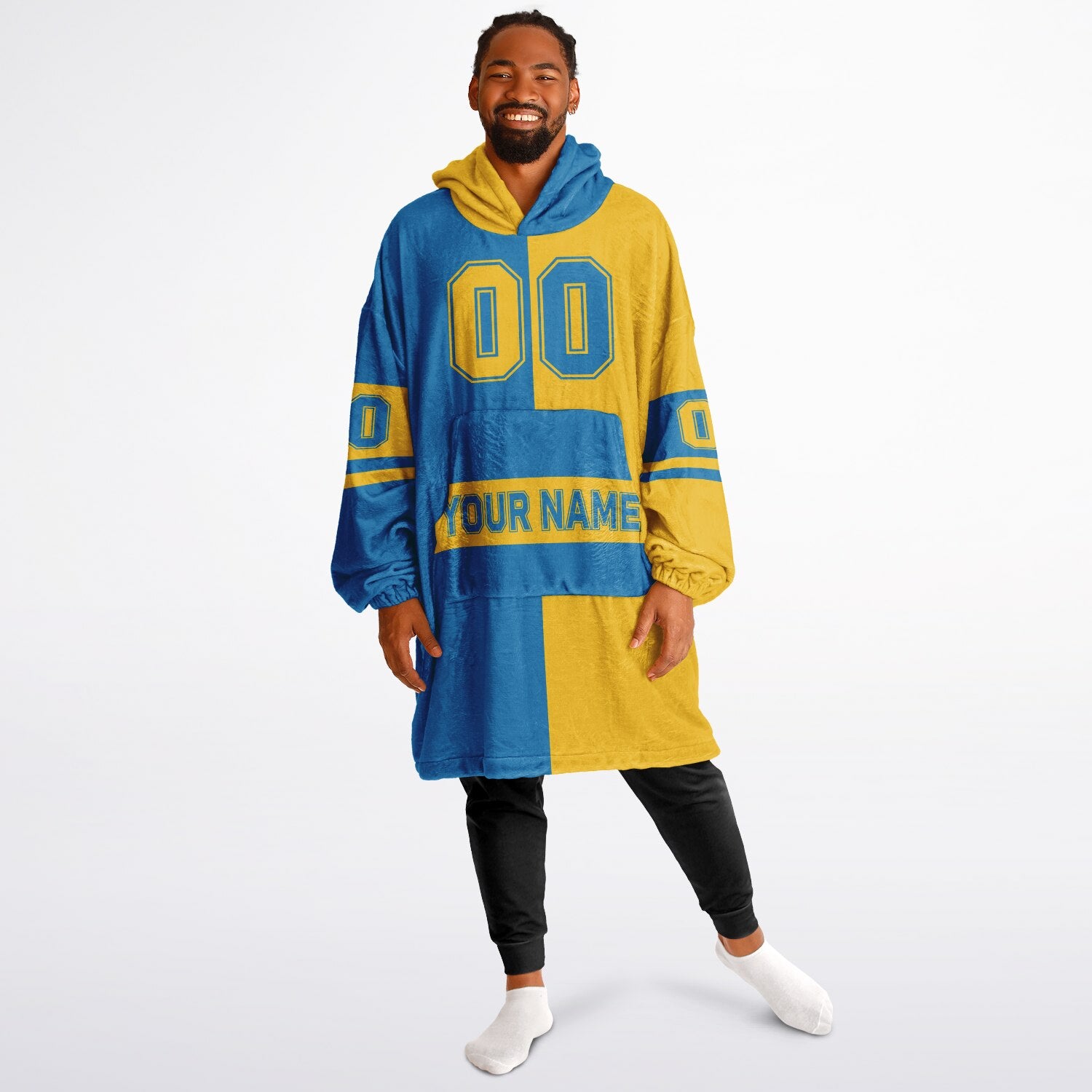 Blue and gold halftime snug hoodie featuring a symmetrical split design for a dynamic game-day look.