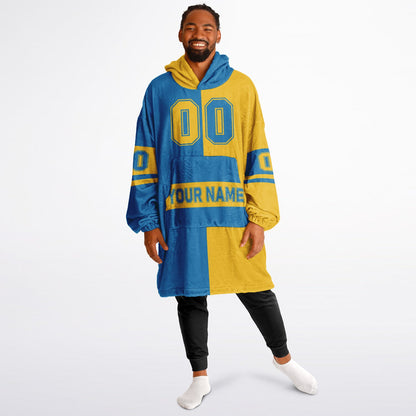 Blue and gold halftime snug hoodie featuring a symmetrical split design for a dynamic game-day look.